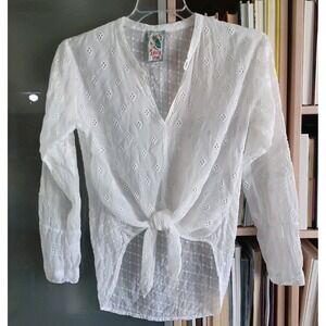 Johnny Was Top‎ Small White Tie-Front Eyelet Embroidered Boho Shirt Detailed EUC